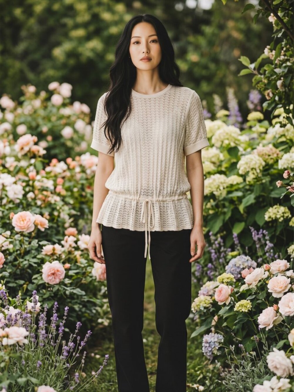 Banana Republic Cream Short-Sleeve Knit Peplum Top with Drawstring